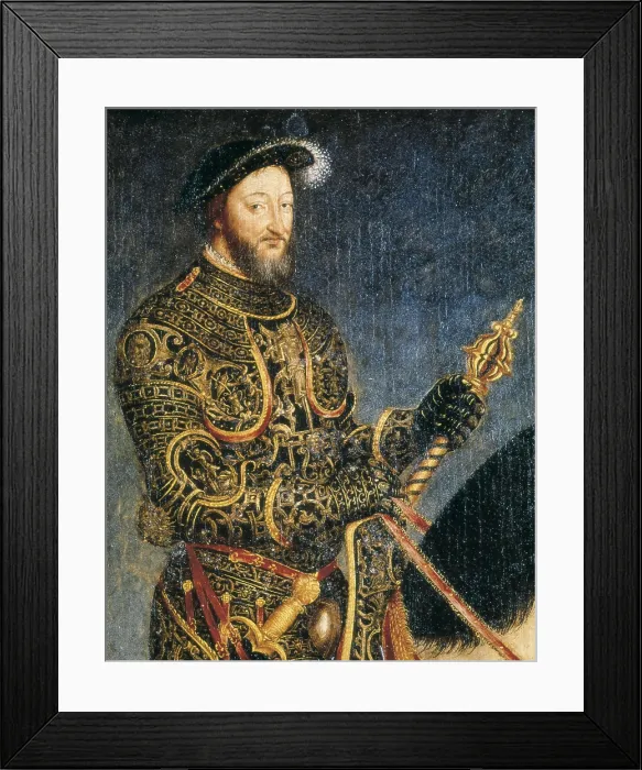 Framed Print : CLOUET, Franois (1505-1573). Portrait of Francis I on Horseback. ca. 1540. Central detail. Equestrian portrait. Renaissance art. Cinquecento. Oil on wood. ITALY. Florence