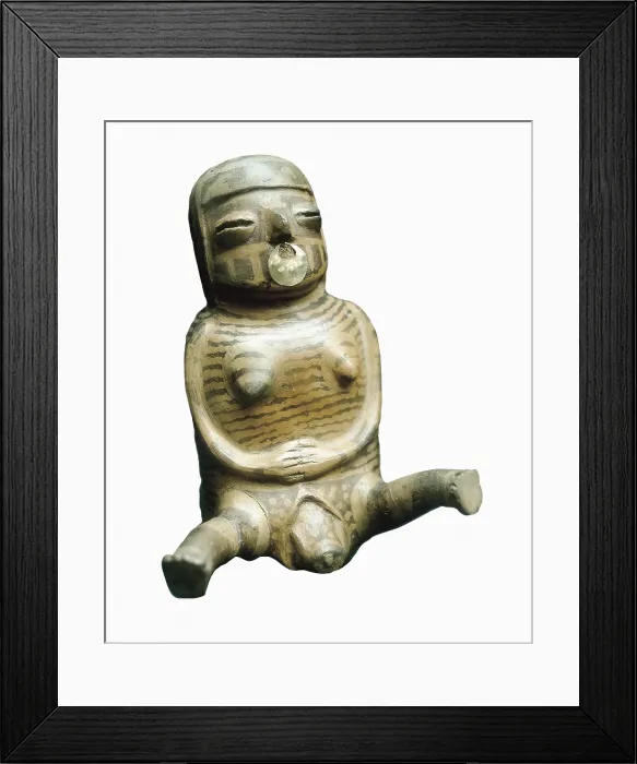 Framed Print : Bottle with female form and gold nose ring. Childbirth scene. Viru Culture of the Chicama and Viru, Peru, 3rd c. A.D. Pre-Columbian art. Ceramics. PERU. Lima