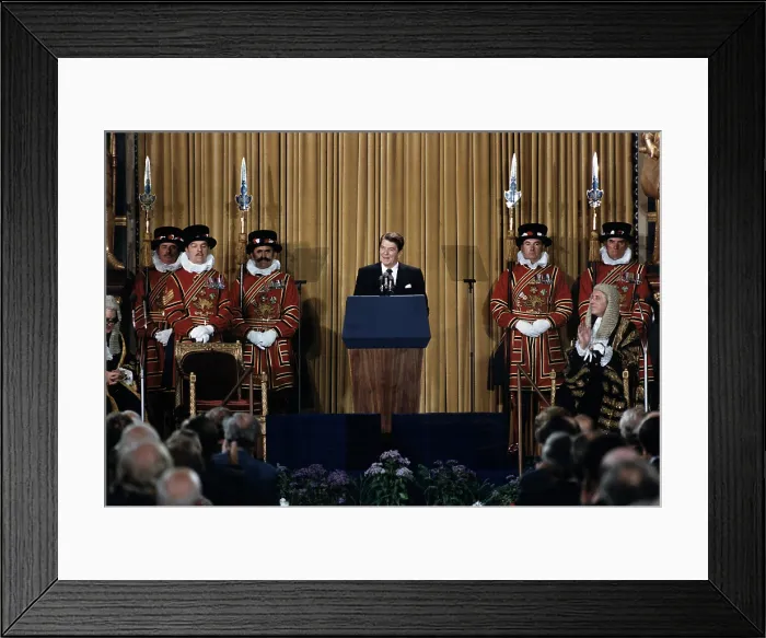 Framed Print : Ronald Reagan. President Reagan addressing the British Parliament, House of Commons, (the Ash Heap of History speech) London, England.June 1982 Framed Print : Ronald Reagan. President Reagan addressing the British Parliament, House of Commons, (the Ash Heap of History speech) London, England.June 1982