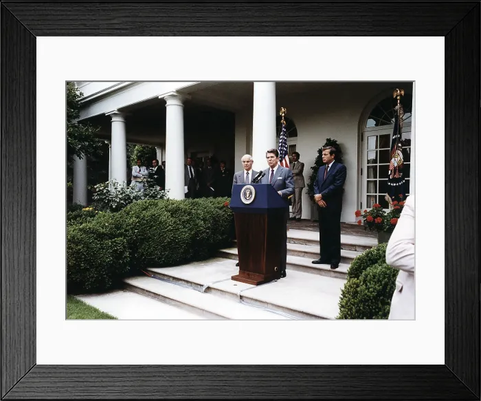 Framed Print : Ronald Reagan. President Reagan making remarks on Air Traffic Controllers Strike. The Rose Garden of the White House, Washington, D.C. August, 1981