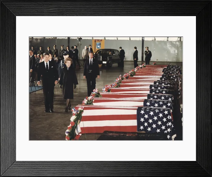 Framed Print : President Ronald Reagan and First Lady Nancy Reagan honoring the victims of the bombing of the U.S. Embassy in Beirut, Lebanon, April, 1983