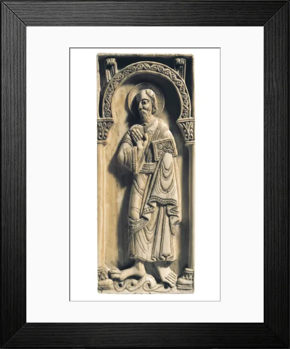 Framed Print : Small chest of the ivories of Saint John and Saint Pelayo. 1059. Detail od Saint John the Evangelist. Mozarabic art. Sculpture on ivory. SPAIN. Leon