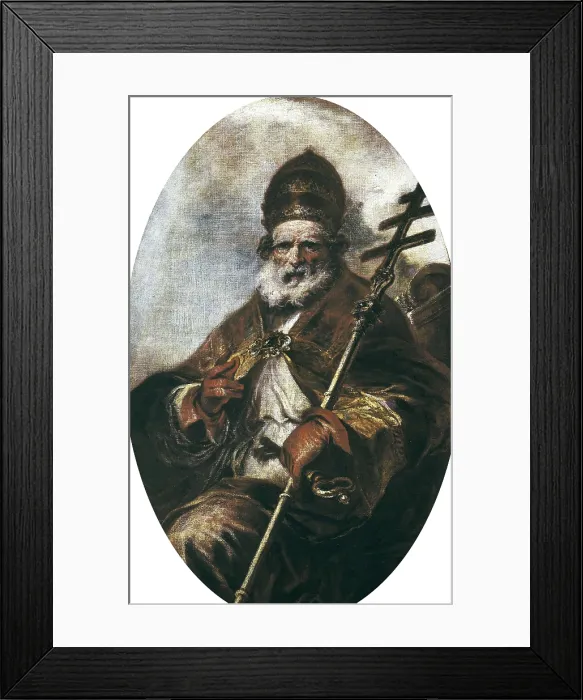Framed Print : HERRERA, Francisco de, called 'el Mozo' (1622-1685). Pope St. 1660. Portrait seated and dressed as Pontiff with the Caravaca Cross. Oil on canvas. SPAIN. Madrid