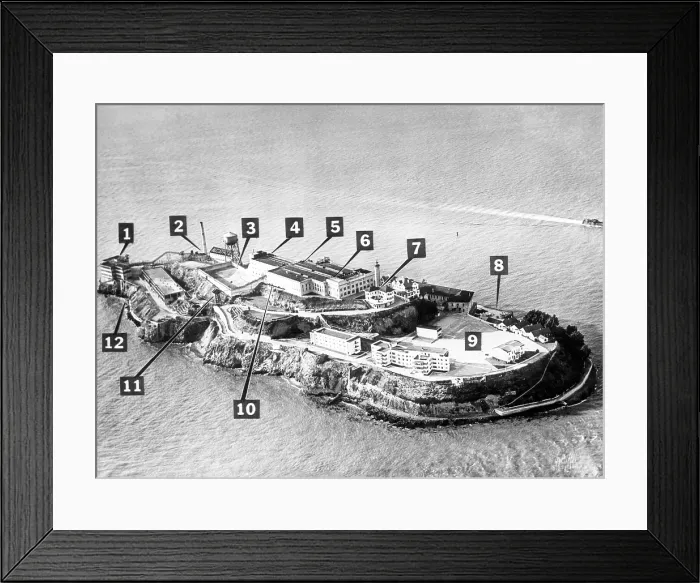 Framed Print : Alcatraz Island, principal buildings and locations: 1. shoe and furniture shop, 2. power house, 3. prison yard, 4. hall and kitchen, 5. main cell block, 6