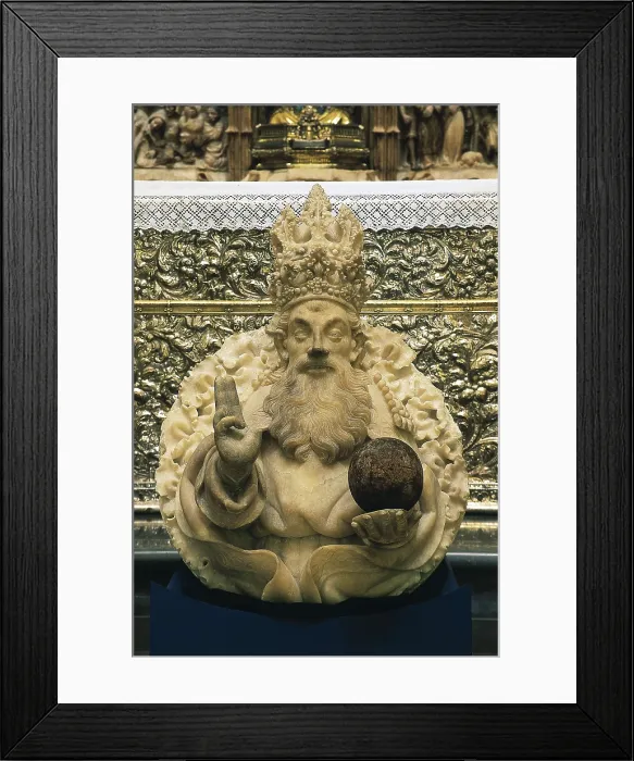 Framed Print : JOAN, Pere or Pere Johan (1398-1458). Saviour. ca. 1446. He holds the world ball. Work attributed. Relief on marble. SPAIN. Barcelona. National Art Museum of Catalonia