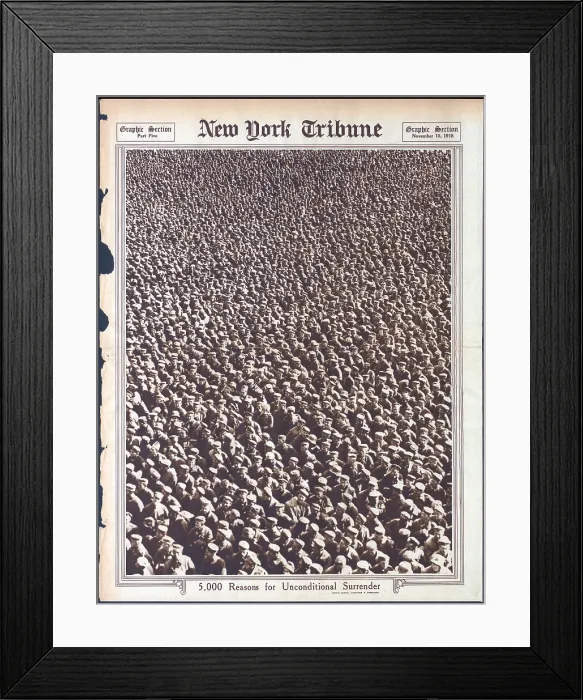 Framed Print : World War I, The New York Tribune, caption of photo showing disarmed German soldiers: 5, 000 reasons for unconditional surrender, November 10, 1918