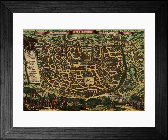 Framed Print : Imagined map from 1650, depicting Jerusalem as it existed in the Roman era. Lower section shows Christ's crucifixion and the crowning of King Solomon