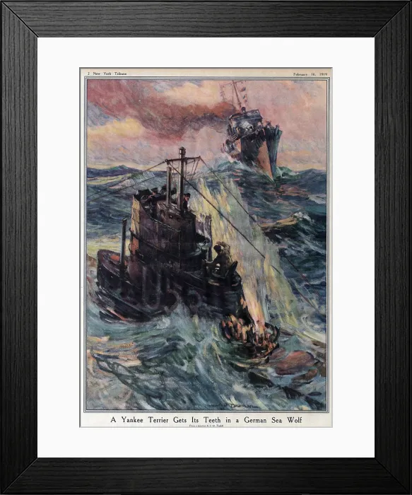 Framed Print : World War I, The New York Tribune, caption of illustration reads: A Yankee Terrier Gets Its Teeth in a German Sea Wolf, February 16, 1919 Framed Print : World War I, The New York Tribune, caption of illustration reads: A Yankee Terrier Gets Its Teeth in a German Sea Wolf, February 16, 1919