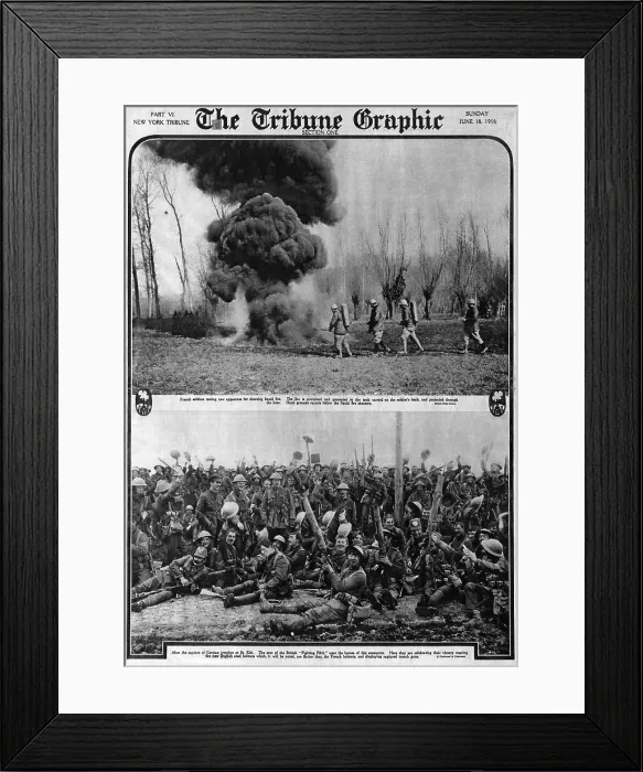 Framed Print : World War I, The Tribune Graphic, top: French soldiers testing new apparatus for shooting liquid fire, bottom: British soldiers Framed Print : World War I, The Tribune Graphic, top: French soldiers testing new apparatus for shooting liquid fire, bottom: British soldiers