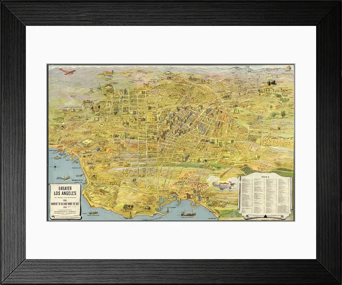 Framed Print : 1932 aerial map of Greater Los Angeles, the wonder city of America