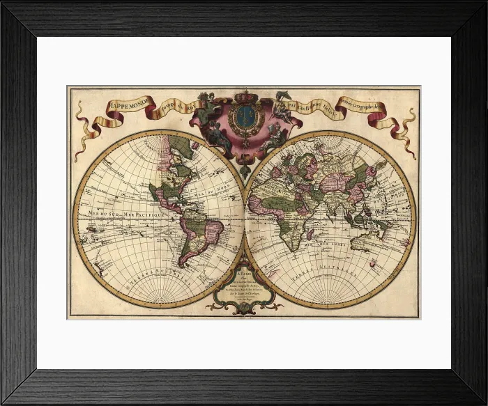 Framed Print : French world map shows nautical exploration routes and political boundaries. Map by Guillaume Delisle. 1720 Framed Print : French world map shows nautical exploration routes and political boundaries. Map by Guillaume Delisle. 1720