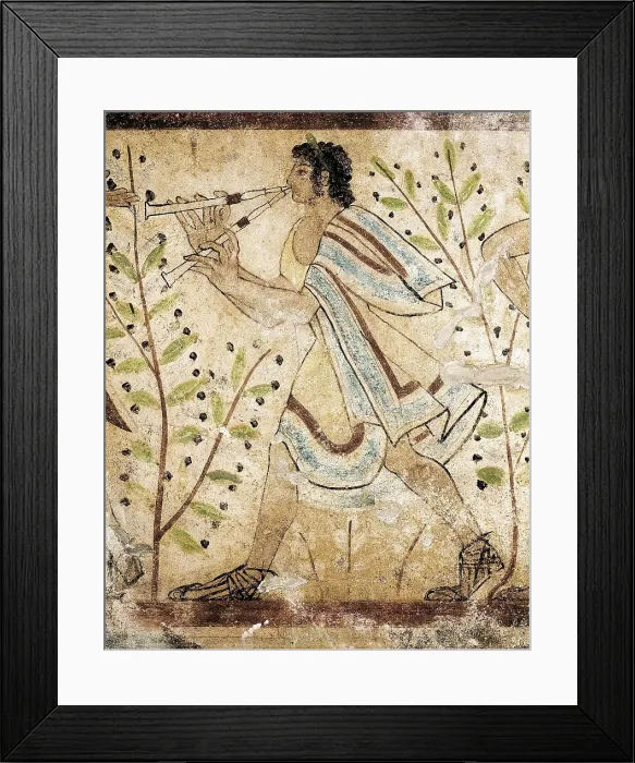 Framed Print : Tomb of the Leopards. ITALY. Tarquinia. Necropolis of Monterozzi. Tomb of the Leopards. Flautist. Etruscan art. Fresco. AISA / Everett Collection**US SALES ONLY**