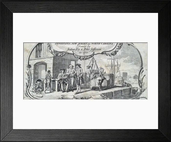 Framed Print : The Tobacco Trade. Merchants relax while slaves load barrels with tobacco bound for export. Engraved cartouche from a map of the mid-atlantic colonies