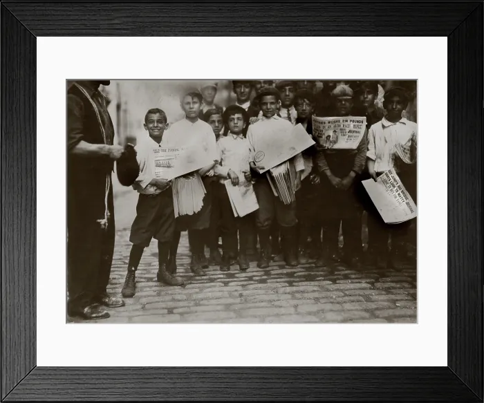 Framed Print : Newsboys with newspapers announcing the results of the boxing match between James J Framed Print : Newsboys with newspapers announcing the results of the boxing match between James J