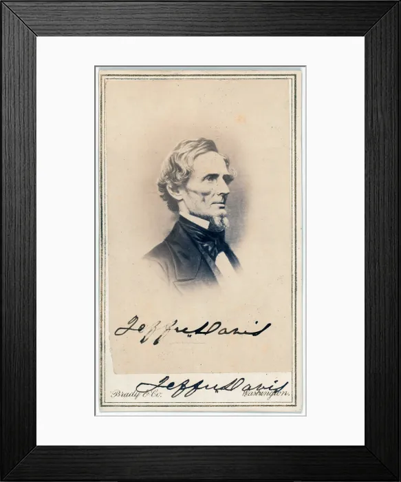 Framed Print : The Civil War. Jefferson Davis, president of the CSA, carte de visite signed by Davis. ca. 1862 - 1865. Mathhew Brady Studio