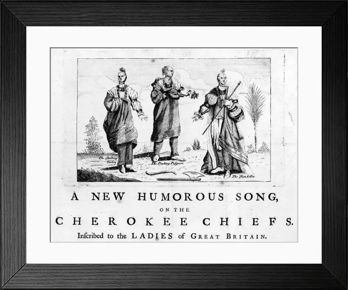 Framed Print : Cherokee Tribe. Three chiefs of the Cherokee Nation as depicted in an English broadside on an embassy to the Court of George III