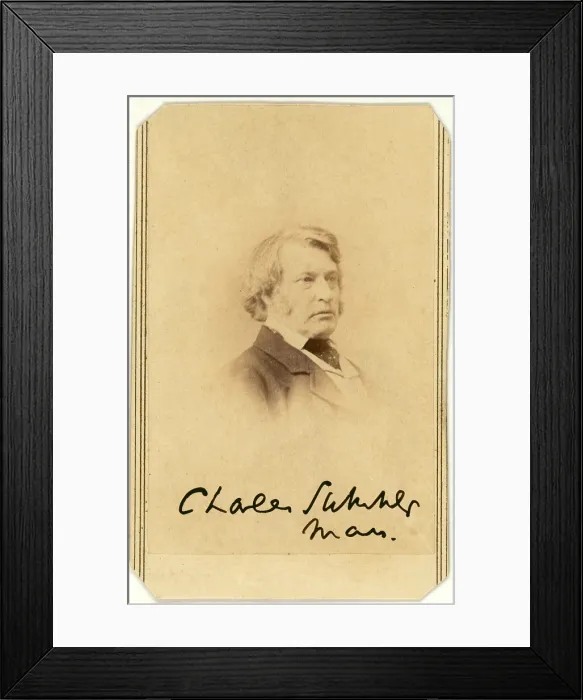 Framed Print : Senator Charles Sumner, carte de visite by Alexander Gardner, signed by Sumner ca. 1862 - 1865. Mathhew Brady Studio