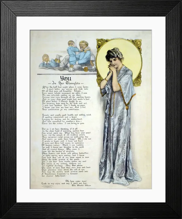 Framed Print : World War I poster showing a contemplative young woman, a family group