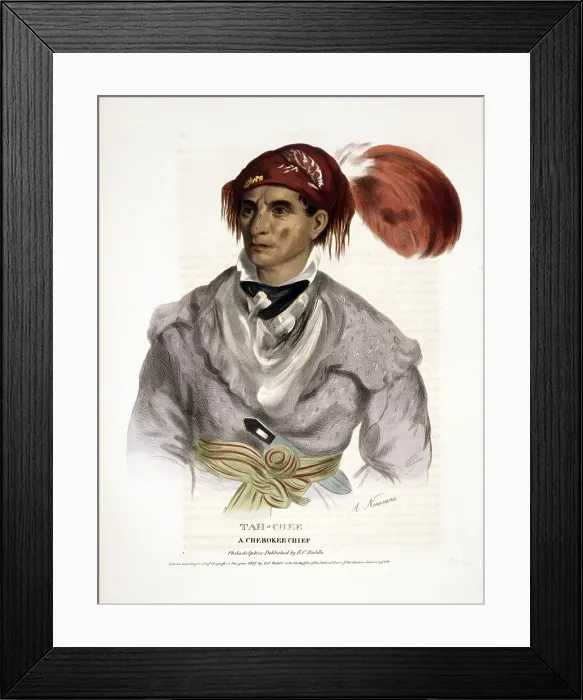 Framed Print : Cherokee Tribe. Tah-chee, a Cherokee chief. Hand-colored lithograph copy of a portrait painted by Albert Newsam. 1837 Framed Print : Cherokee Tribe. Tah-chee, a Cherokee chief. Hand-colored lithograph copy of a portrait painted by Albert Newsam. 1837