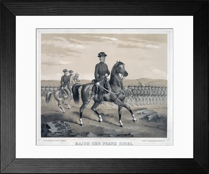 Framed Print : The Civil War. Major General Franz Sigel, full-length portrait, facing right, riding on horseback with troops marching in formation.Lithograph ca. 1862 Framed Print : The Civil War. Major General Franz Sigel, full-length portrait, facing right, riding on horseback with troops marching in formation.Lithograph ca. 1862