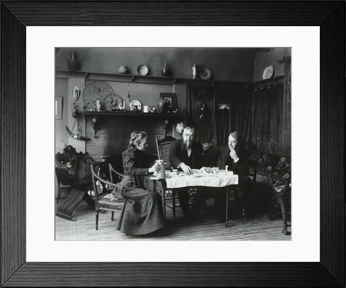 Framed Print : Photographer Frances Benjamin Johnston (1964-1952) having tea with writer Elbert Hubbard (1856-1915) (far right) and an unidentified man at her studio in Washington, D.C. ca