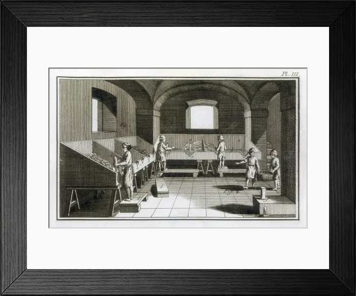 Framed Print : Paper factory. Paper cutting. Lllustration from 'Encyclopedia' (1751), directed by D'Alembert and Diderot. Engraving