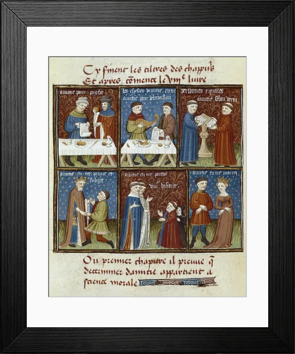 Framed Print : ARISTOTLE (384-332 BC). Greek philosopher. Illustration of the 'Nichomachean Ethics' with the six kinds of Friendship. Gothic art. Miniature Painting. FRANCE. Chantilly