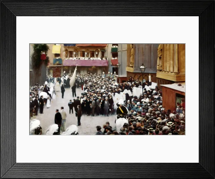 Framed Print : CASAS i CARBORamn (1866-1932). Corpus Christi procession leaving the Church of Santa Maria del Mar. 1896 - 1898. Modernism. Oil on canvas. SPAIN. Barcelona