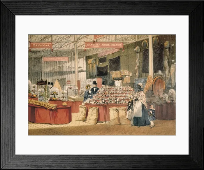 Framed Print : Universal Exposition of London (1851). Interior of a pavilion with samples of colonial products. Illustration by Sickinson. Litography. UNITED KINGDOM. London