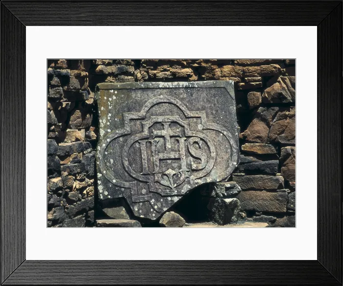 Framed Print : ARGENTINA. San Ignacio Mini. Jesuit Missionfounded at the beginning of 17th c. Masonry stone with the Greek initials of the name of Jesus Framed Print : ARGENTINA. San Ignacio Mini. Jesuit Missionfounded at the beginning of 17th c. Masonry stone with the Greek initials of the name of Jesus