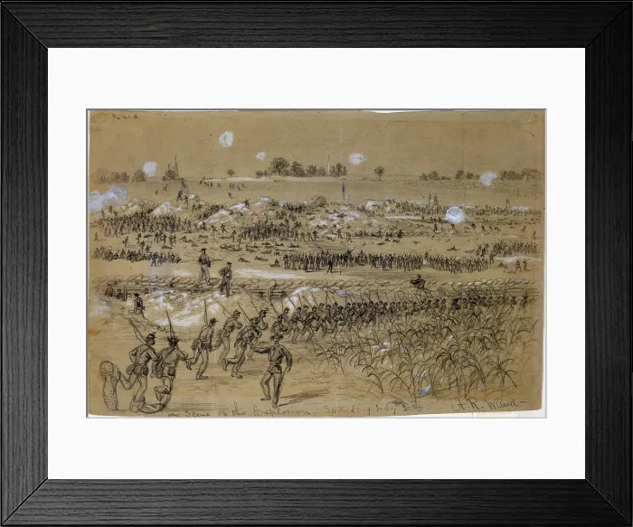Framed Print : The Civil War, scene of the explosion of Petersburg mine, Virginia. Figure on left has oversized shoes. Drawing on light green paper, by Alfred R. Waud, July 30, 1864 Framed Print : The Civil War, scene of the explosion of Petersburg mine, Virginia. Figure on left has oversized shoes. Drawing on light green paper, by Alfred R. Waud, July 30, 1864