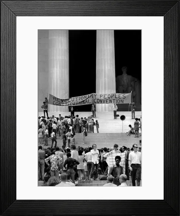 Framed Print : Black Panther convention, people gathered on the steps of the Lincoln Memorial with a banner for the People's Constitutional Convention, by Thomas J
