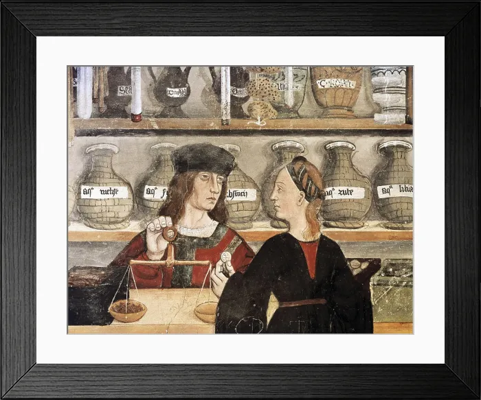 Framed Print : Interior of a chemist's shop. Detail. Pharmacist weighing products. 15th c. Fresco. ITALY. Issogne. Issogne Castle. AISA / Everett Collection (50105)**US SALES ONLY**
