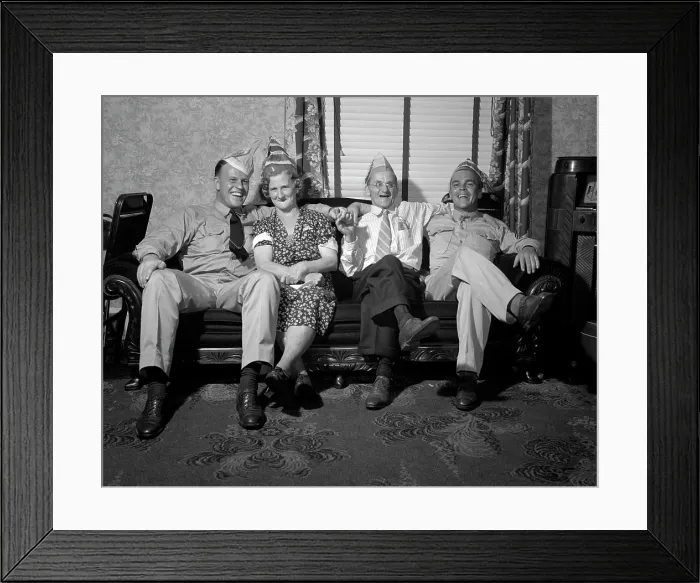 Framed Print : World War II, party with soldier and sailor at the home of George Woolslayer, Chief John Marshall Evans (left), and Sergeant French L