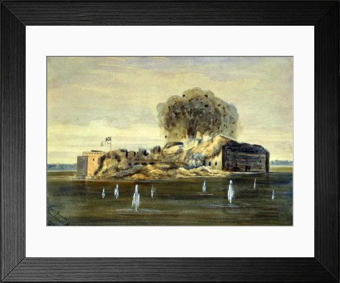 Framed Print : The Civil War, exterior view of Fort Sumter, a Confederate flag flying as the fort explodes, South Carolina, by A. Vizitelly, 1863 Framed Print : The Civil War, exterior view of Fort Sumter, a Confederate flag flying as the fort explodes, South Carolina, by A. Vizitelly, 1863