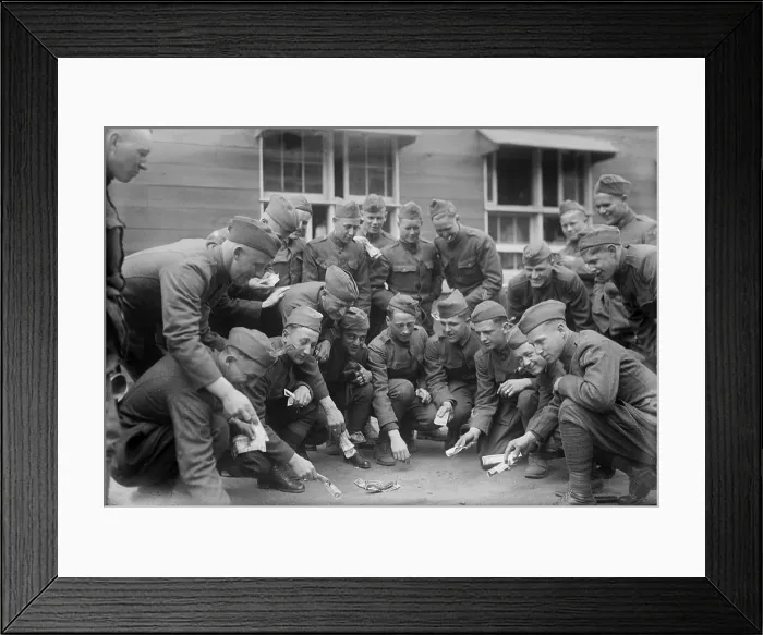 Framed Print : Soldiers playing a dice game, original title: Craps at camp, photograph circa 1900s-1930s Framed Print : Soldiers playing a dice game, original title: Craps at camp, photograph circa 1900s-1930s