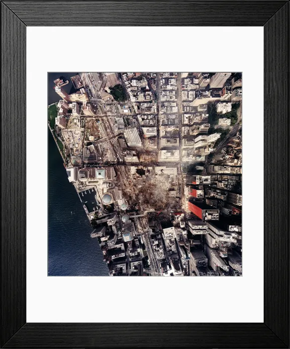 Framed Print : World Trade Center, Aerial photograph of the World Trade Center, taken by National Oceanic and Atmospheric Administration on September 23, 2001, from an altitude of 3, 300 feet