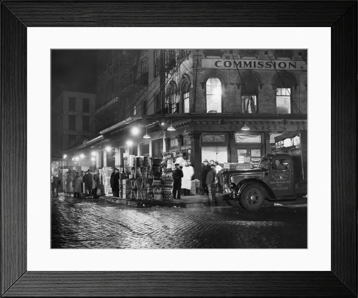 Framed Print : New York City street at night, circa late 1930s