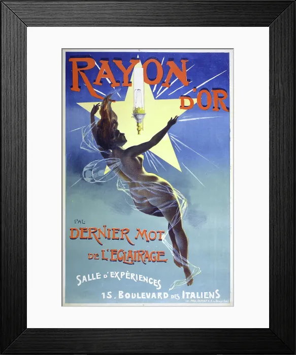 Framed Print : French poster showing a nude woman with gossamer wings reaching toward the light of a star and a Rayon d'Or light fixture, original title: Rayon d'or