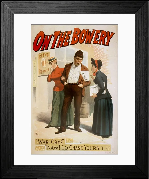Framed Print : On the Bowery, a salvation Army soldier handing out the organization's War Cry newspaper outside Steve Brodie's tavern, New York City, The Strobridge Lith Co Framed Print : On the Bowery, a salvation Army soldier handing out the organization's War Cry newspaper outside Steve Brodie's tavern, New York City, The Strobridge Lith Co