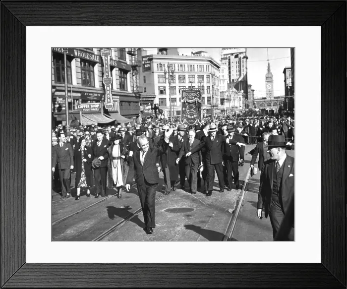 Framed Print : Tom Mooney, followed by 40, 000 Unionists on Market St. San Francisco, Jan. 8, 1939. From extreme left is Harry Bridges, CIO leader, Anne Mooney, Tom's sister, and Rena K