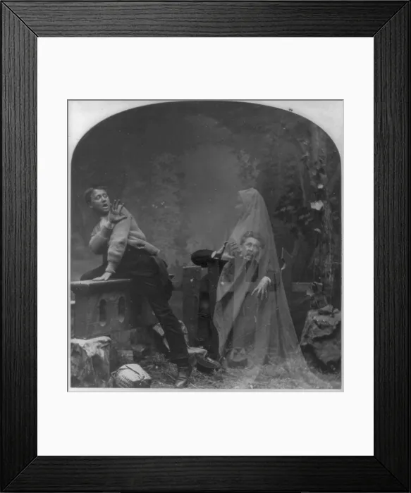 Framed Print : Stereograph shows a ghost scaring man and boy, a posed studio scene, original title: The Haunted Lane, photograph by Melander, 1889