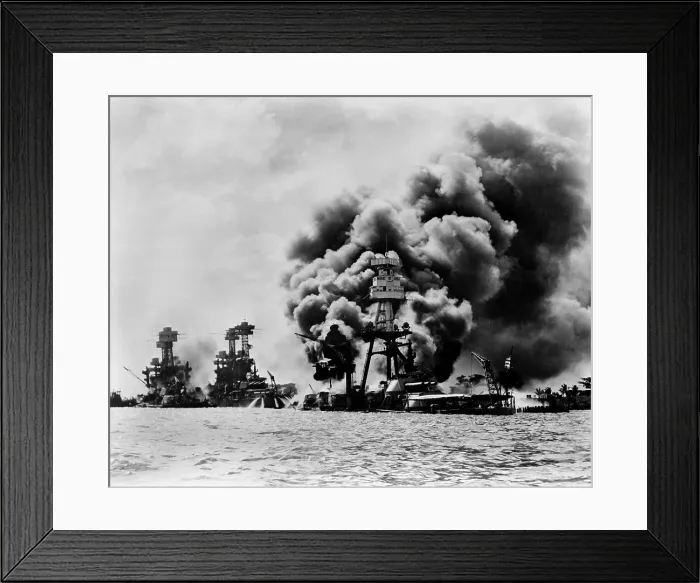 Framed Print : Pearl Harbor: three stricken U.S. battleships. Left to right: U.S.S. West Virginia, severely damaged; U.S.S. Tennessee, damaged; and U.S.S. Arizona, sunk, December 7, 1941