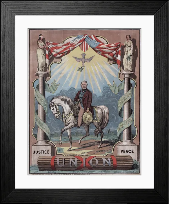 Framed Print : Zachary Taylor, 'rough & ready'. Color campaign poster for Democratic nominee Zachary Taylor for the presidential election of 1848. woodcut ca. 1848