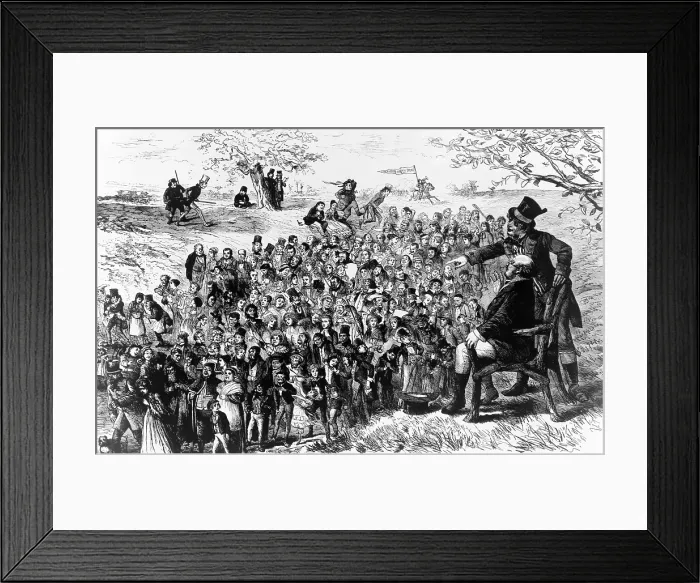 Framed Print : Charles Dickens (1812-1870) characters march by an elderly man, possibly Dickens, seated in a chair Framed Print : Charles Dickens (1812-1870) characters march by an elderly man, possibly Dickens, seated in a chair