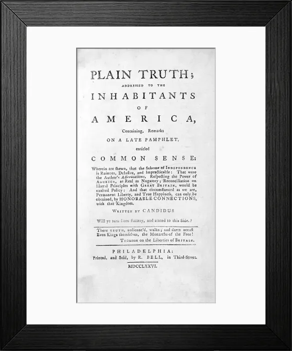 Framed Print : Thomas Paine's (1737-1809) radical pamphlet, 'Common Sense' published in 1776 Framed Print : Thomas Paine's (1737-1809) radical pamphlet, 'Common Sense' published in 1776