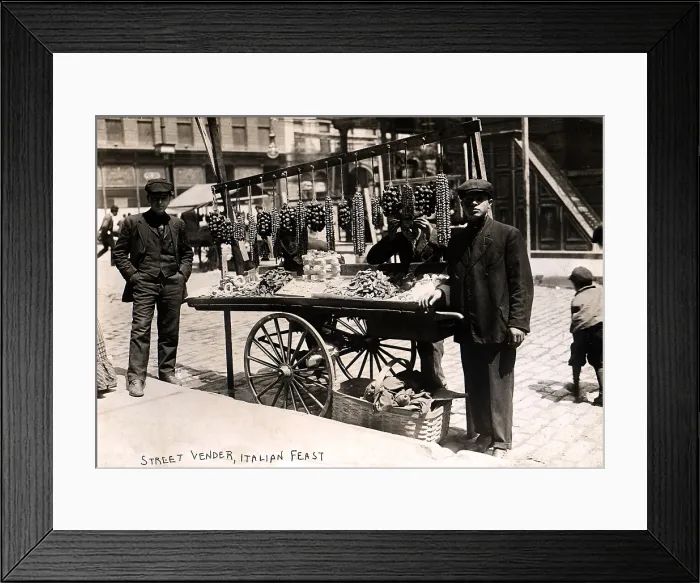 Framed Print : Little Italy - Street vendor with wares displayed on a handcart during a festival, New York, 1908