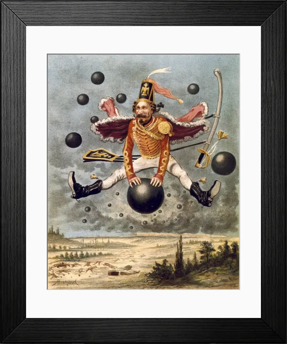 Framed Print : Munchhausen, Baron (1720-1797). German nobleman. 'Baron Munchausen riding a cannonball during the fight with Tippoo' Framed Print : Munchhausen, Baron (1720-1797). German nobleman. 'Baron Munchausen riding a cannonball during the fight with Tippoo'
