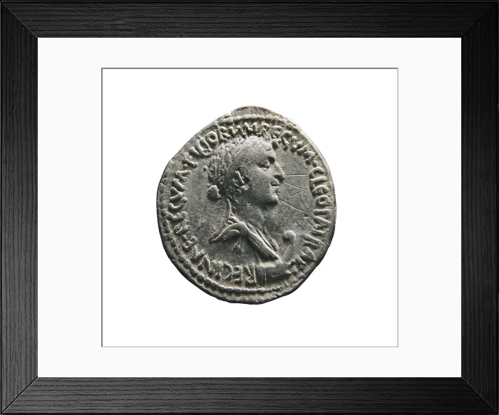 Framed Print : Silver coin with the portrait of Cleopatra. Obverse. The reverse has the portrait of Mark Antony. Coin. ITALY. Milan. Archaeological Museum. Proc: EGYPT. Alexandria Framed Print : Silver coin with the portrait of Cleopatra. Obverse. The reverse has the portrait of Mark Antony. Coin. ITALY. Milan. Archaeological Museum. Proc: EGYPT. Alexandria