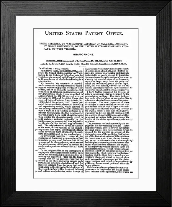Framed Print : United States patent for the gramophone, by Emile Berliner, 1887 Framed Print : United States patent for the gramophone, by Emile Berliner, 1887
